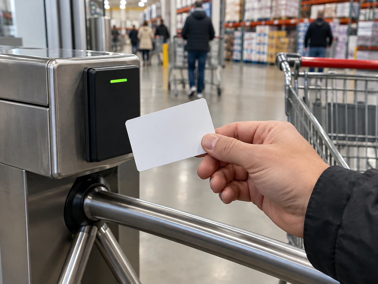 A hand presents a blank membership card at a warehouse entrance. Illustrative scene.